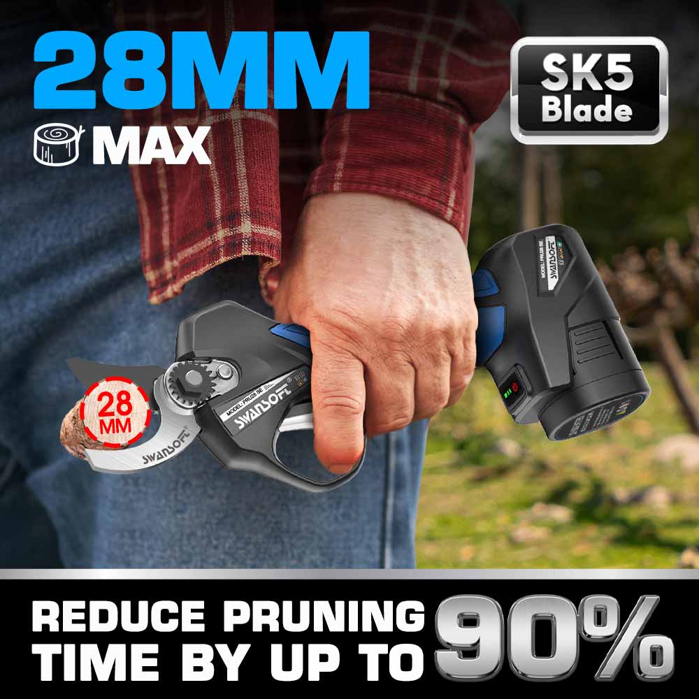 28mm electric pruning shears,progressive cut,for garden|16.8V-2*2Ah|Working 6-8h|850W| PRU-28SE - Swansoft Europe