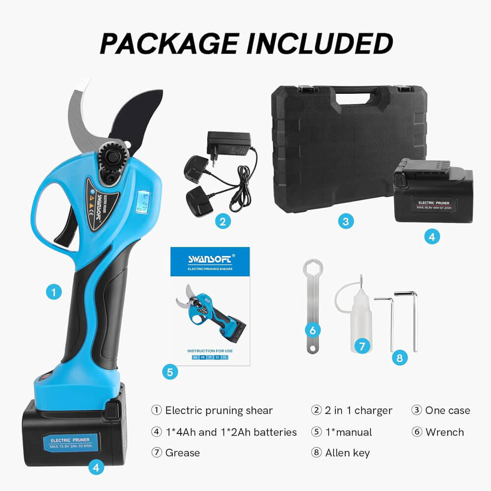 35mm Electric Pruning Shears |16.8V-2*4Ah | LED screen|Working8-10h|840W |SW-8608 New color - Swansoft Europe