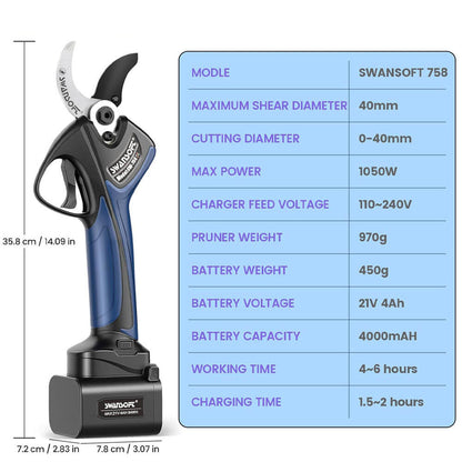 40mm Electric Pruning Shears | 21V 2*4Ah|Working8-10h|1050W| SW-758 - Swansoft Europe