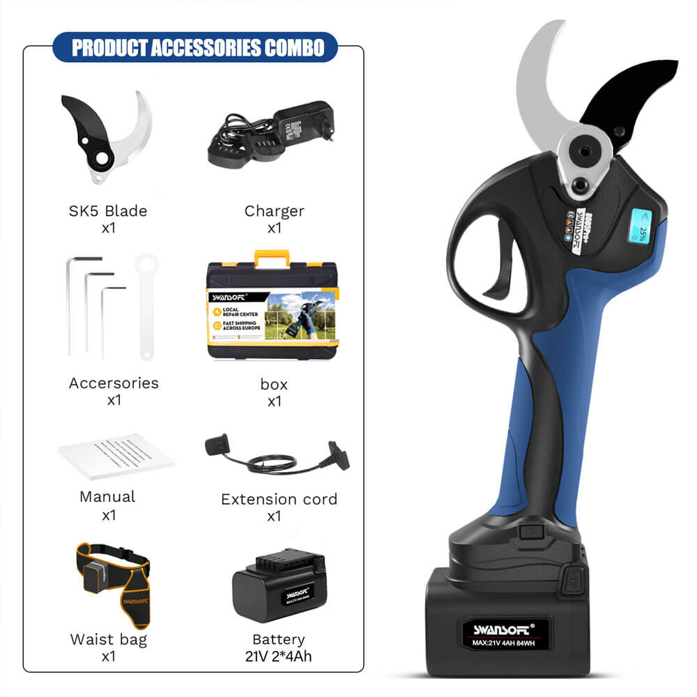 40mm Electric pruning shears,Progressive Cutting |21V-4Ah/2Ah | Working10-12h |1050W | SW-8605 Pro - Swansoft Europe