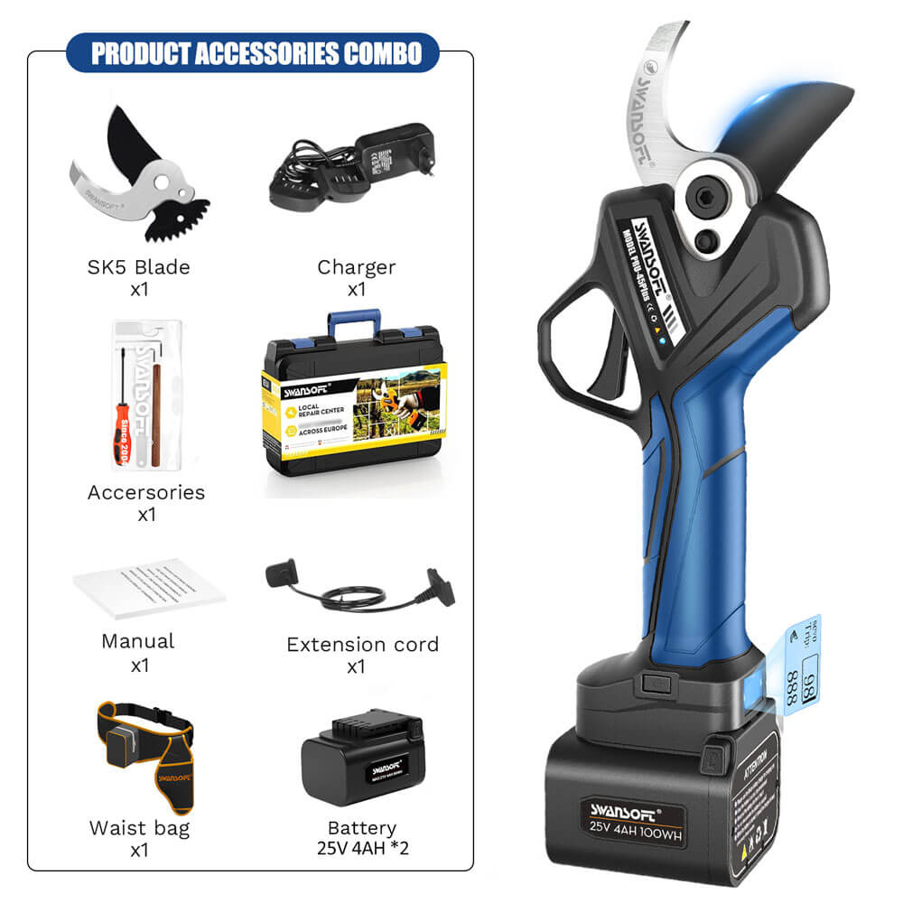 45mm Electric Pruning Shears professional | 25V 2*4Ah | quickly reset | adjustable jaw|Working10-12h|1150W | PRU45 plus - Swansoft Europe