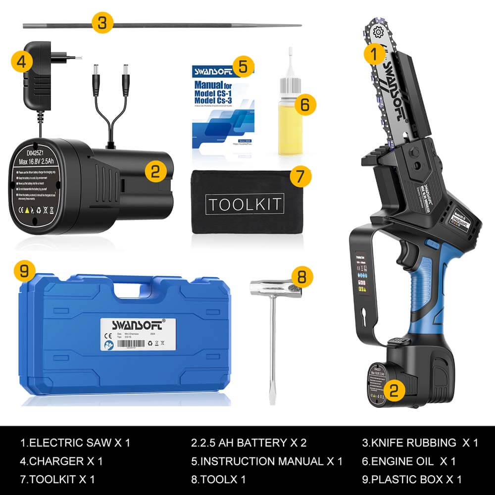 6‘ cordless chainsaw with automatic lubrication, 16.8V 2.5Ah chainsaw for orchard and garden CS-1S - Swansoft Europe