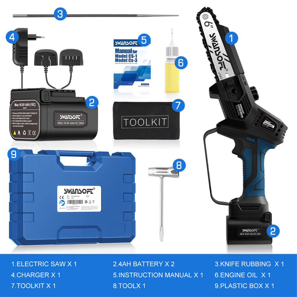 6‘ cordless chainsaw with automatic lubrication, professional electric chainsaw for orchard and olive pruning CS-1 - Swansoft Europe