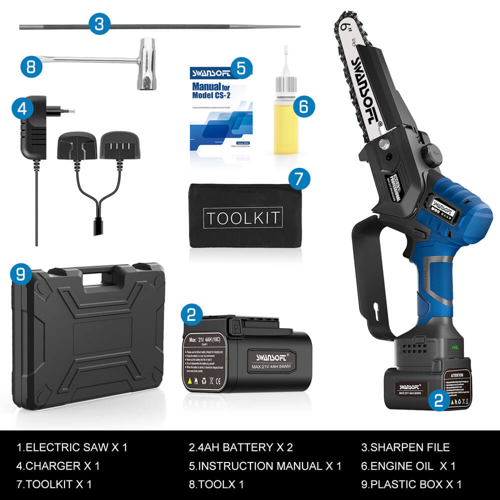 6‘ cordless chainsaw with automatic lubrication, professional electric chainsaw for orchard and olive pruning CS-2S - Swansoft Europe