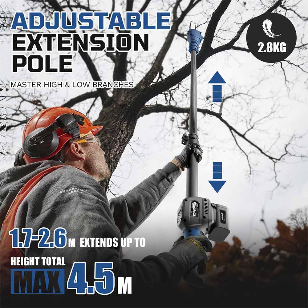8' battery-powered pruner on telescopic pole , 21V 4Ah, professional pole pruner max 2.6m, CS-10 - Swansoft Europe