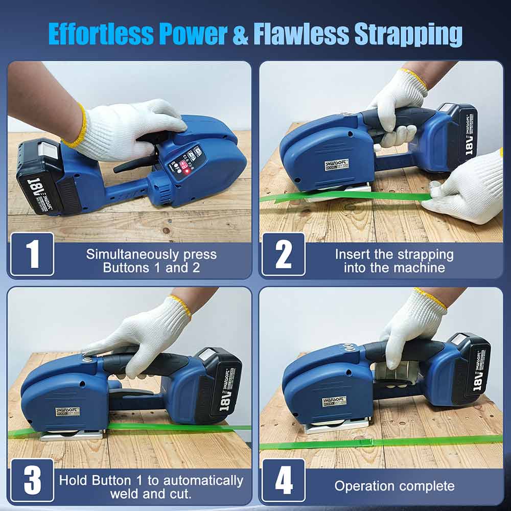 Fully Automatic Electric Strapping Machine, 3200N Heavy Duty Cordless Banding Tool for 14-16mm PP/PET Straps, Automatic Tensioning & Cutting SST-320 - Swansoft Europe