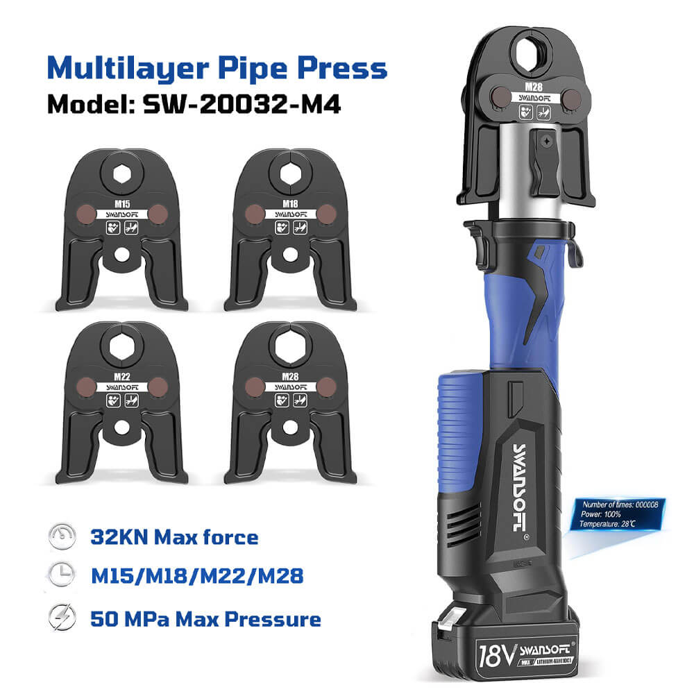 Heavy-Duty Hydraulic Pipe Press Tool, 32KN Battery Pipe Crimping Tool, V/M Contour Type - Swansoft Europe