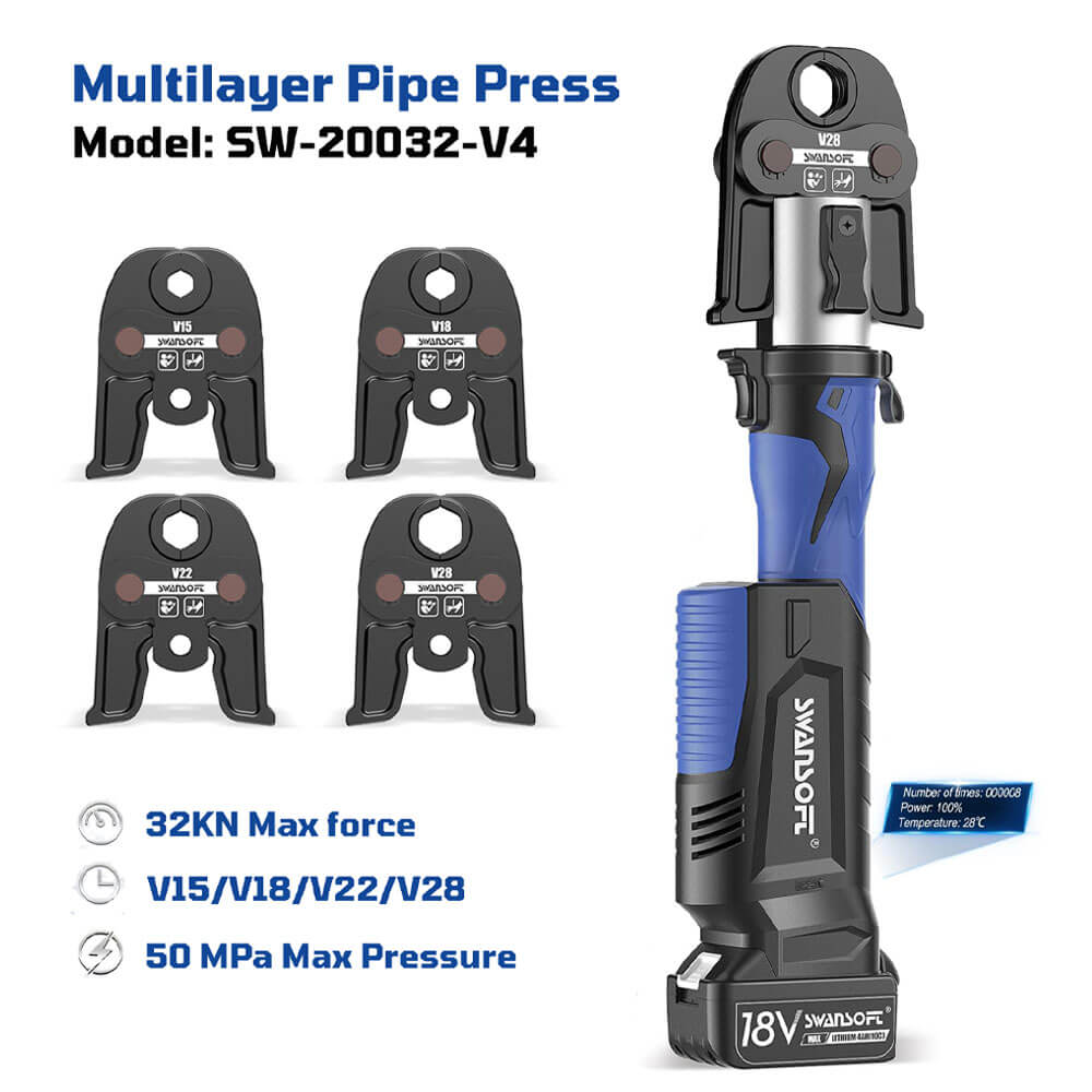 Heavy-Duty Hydraulic Pipe Press Tool, 32KN Battery Pipe Crimping Tool, V/M Contour Type - Swansoft Europe