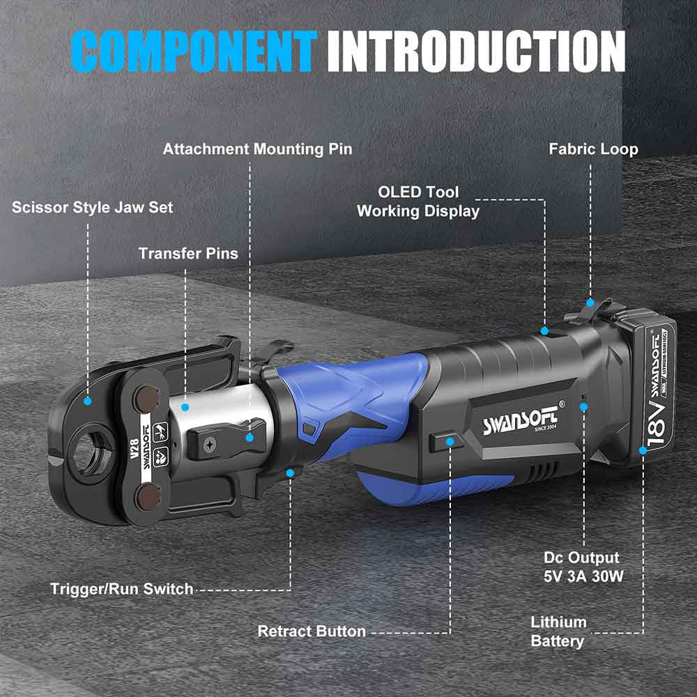 Heavy-Duty Hydraulic Pipe Press Tool, 32KN Battery Pipe Crimping Tool, V/M Contour Type - Swansoft Europe