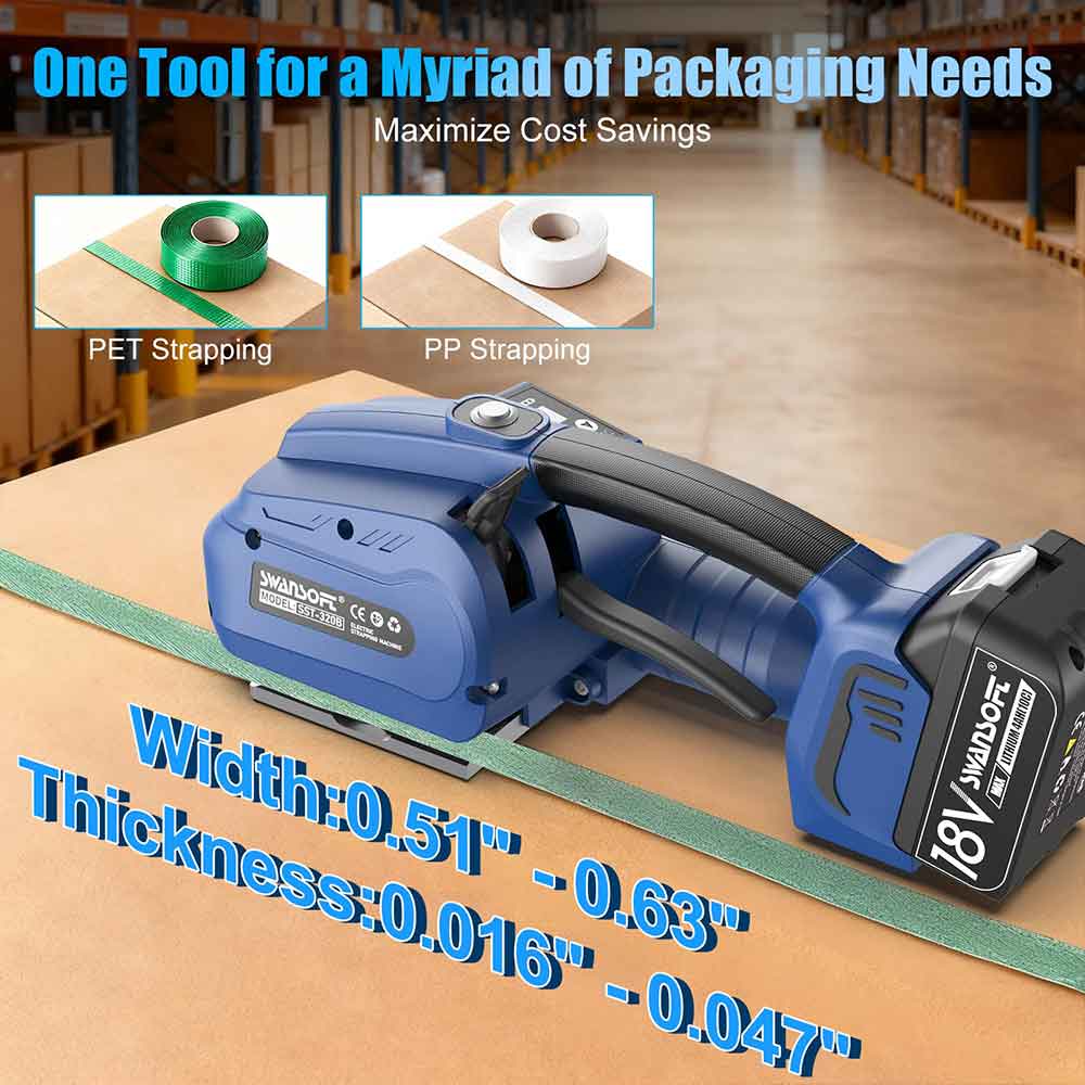 Heavy Duty Semi-Automatic Electric Strapping Machine, 3200N Automatic Tensioning Tool for 13-16mm PP/PET Strapping, Cordless Banding Kit SST-320B - Swansoft Europe