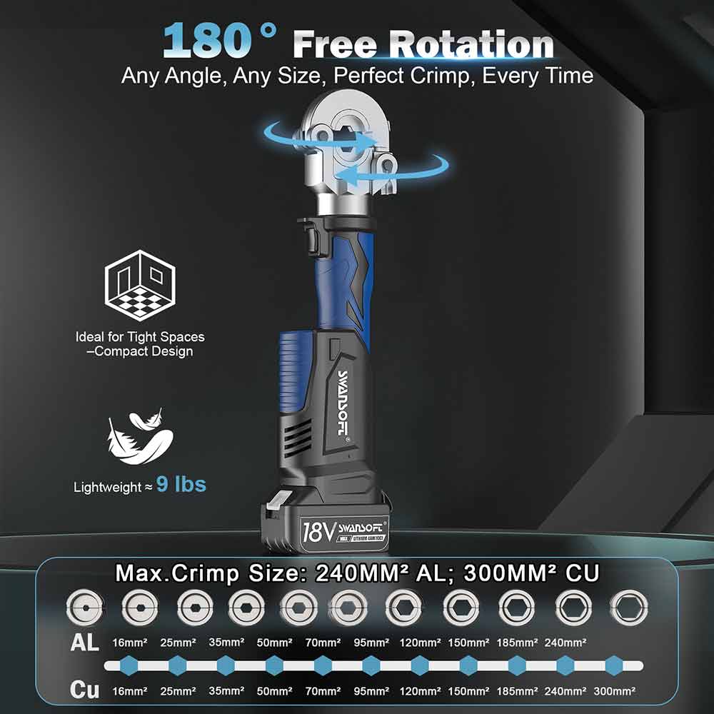 Hydraulic Cable Terminal Crimping Tool, 16mm²-300mm² Battery Lug Crimper, 600B - Swansoft Europe