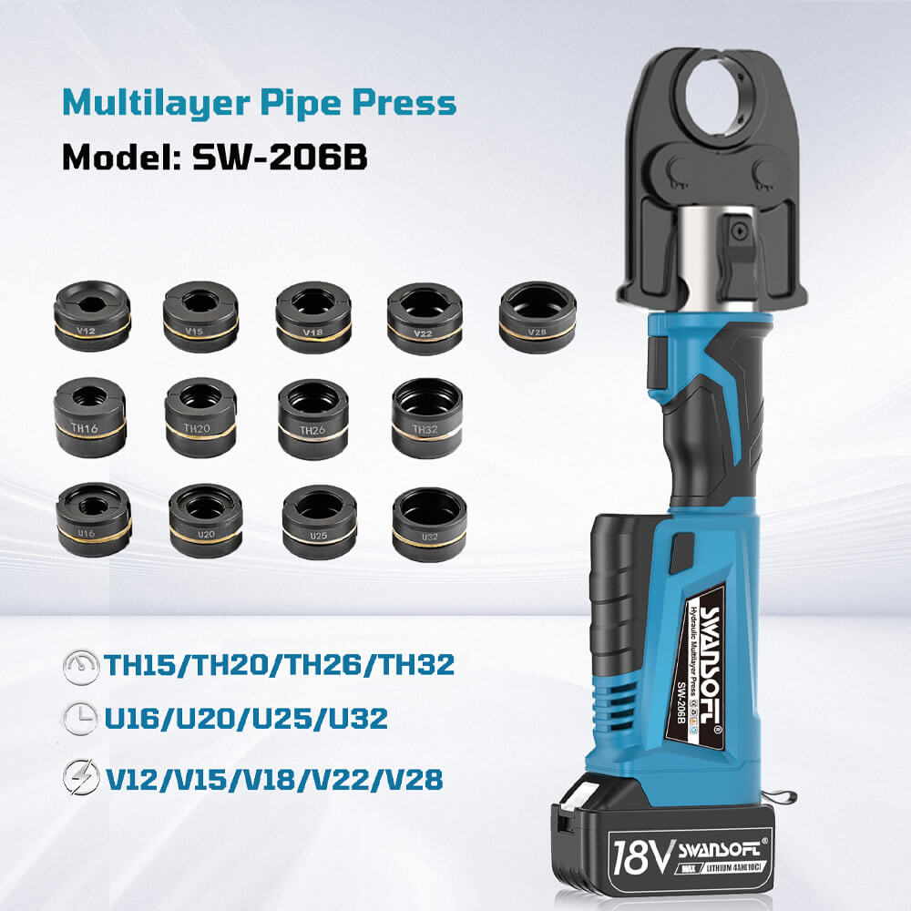 Multilayer Pipe Press Tool with Interchangeable Dies | Quick-Change U, TH, V Profiles 206B - Swansoft Europe
