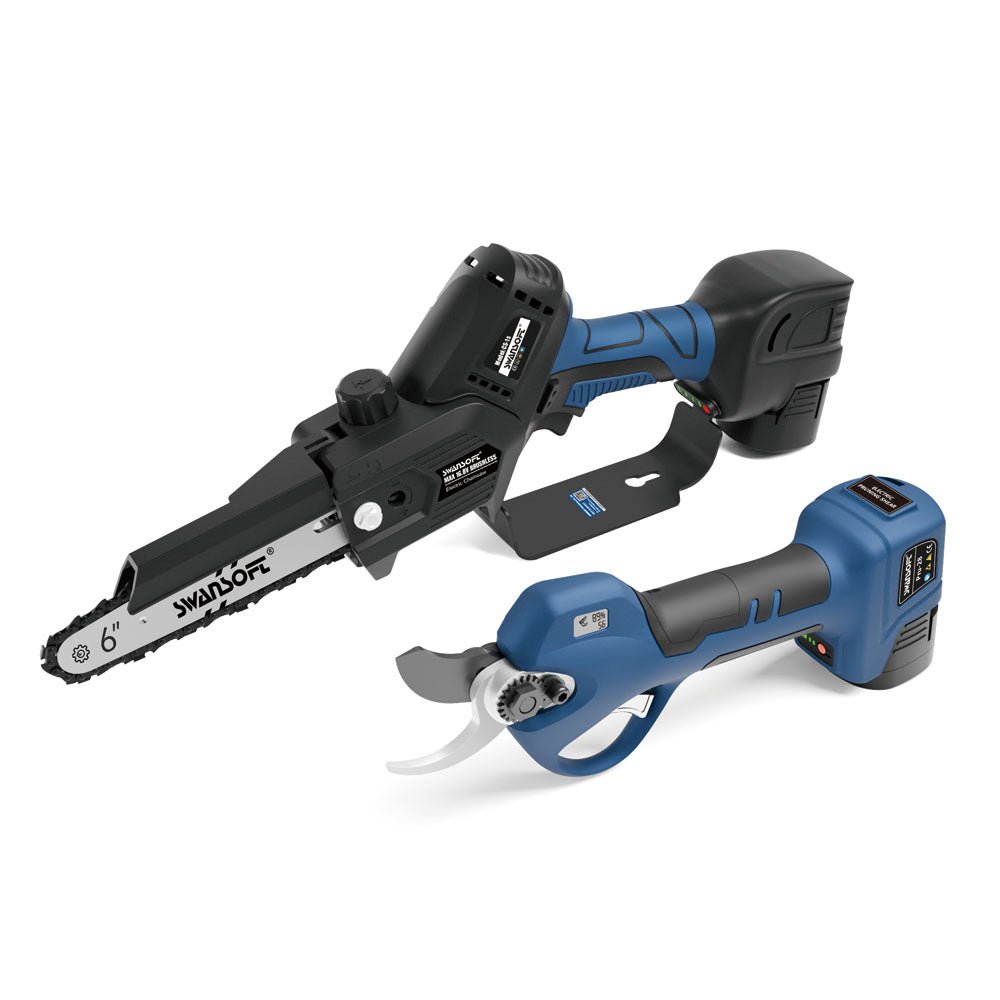 PRU28 Cordless Shears + 6’ Battery Chainsaw + 3 Batteries, 2 in 1 Kit, ideal for DIY Pruning, Gardening | PRU28+CS-1S - Swansoft Europe