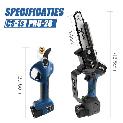 PRU28 Cordless Shears + 6’ Battery Chainsaw + 3 Batteries, 2 in 1 Kit, ideal for DIY Pruning, Gardening | PRU28+CS-1S - Swansoft Europe
