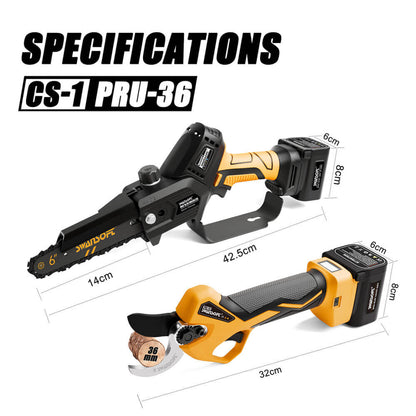 PRU36 Cordless Pruning Shears and 6’ Battery Chainsaw with 2*4Ah Batteries, 2 in 1 Kit, Professional Grade Pruning Tools for Vineyards, Orchards and olive groves - Swansoft Europe