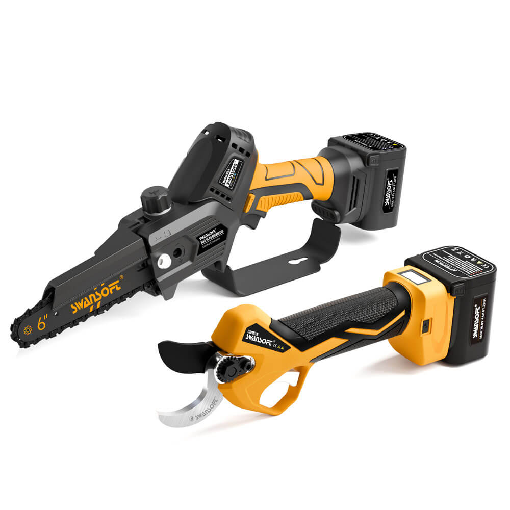 PRU36 Cordless Pruning Shears and 6’ Battery Chainsaw with 2*4Ah Batteries, 2 in 1 Kit, Professional Grade Pruning Tools for Vineyards, Orchards and olive groves - Swansoft Europe