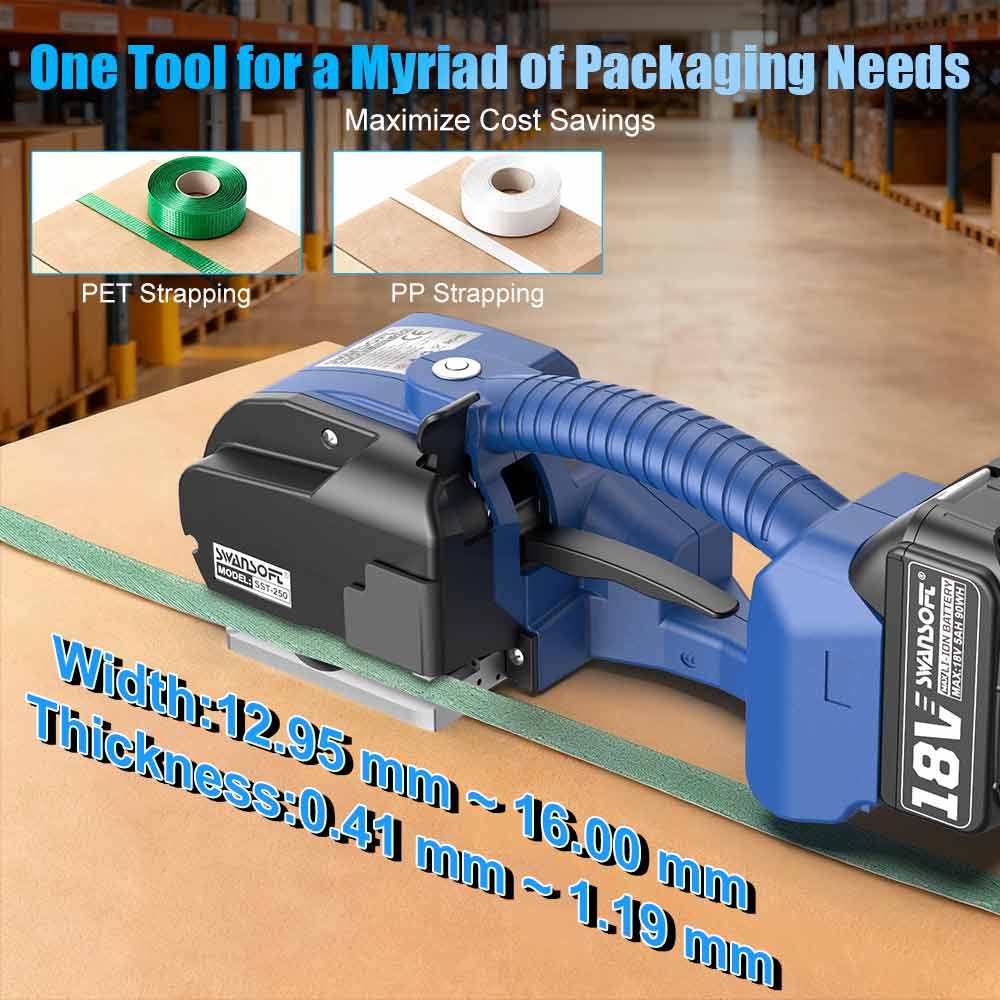 Semi-Automatic Electric Strapping Machine, 2500N Automatic Tensioning Banding Tool for 13-16mm PP/PET Straps, Cordless Friction Welder SST-250 - Swansoft Europe