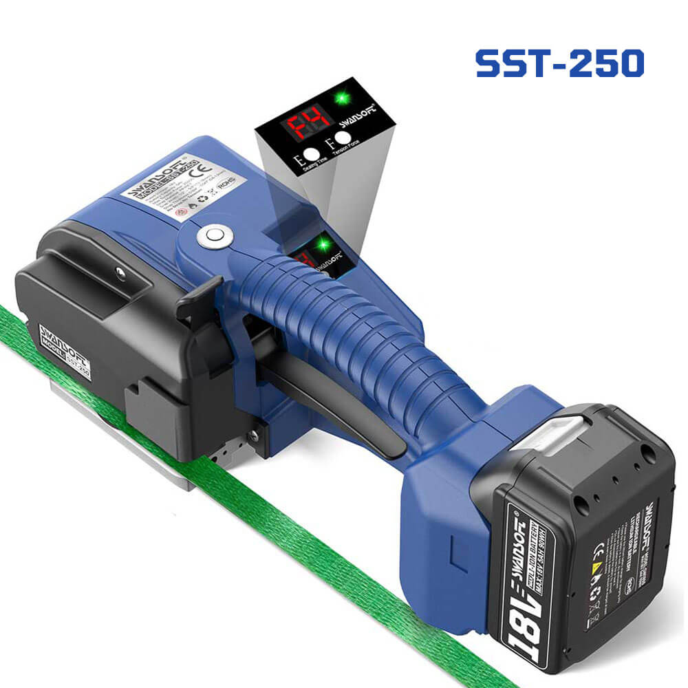 Semi-Automatic Electric Strapping Machine, 2500N Automatic Tensioning Banding Tool for 13-16mm PP/PET Straps, Cordless Friction Welder SST-250 - Swansoft Europe