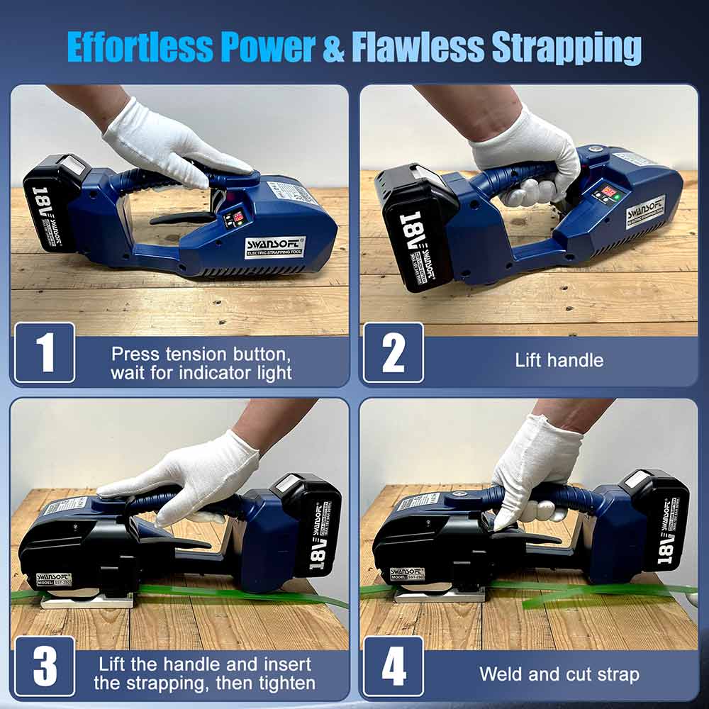 Semi-Automatic Electric Strapping Machine, 2500N Automatic Tensioning Banding Tool for 13-16mm PP/PET Straps, Cordless Friction Welder SST-250 - Swansoft Europe