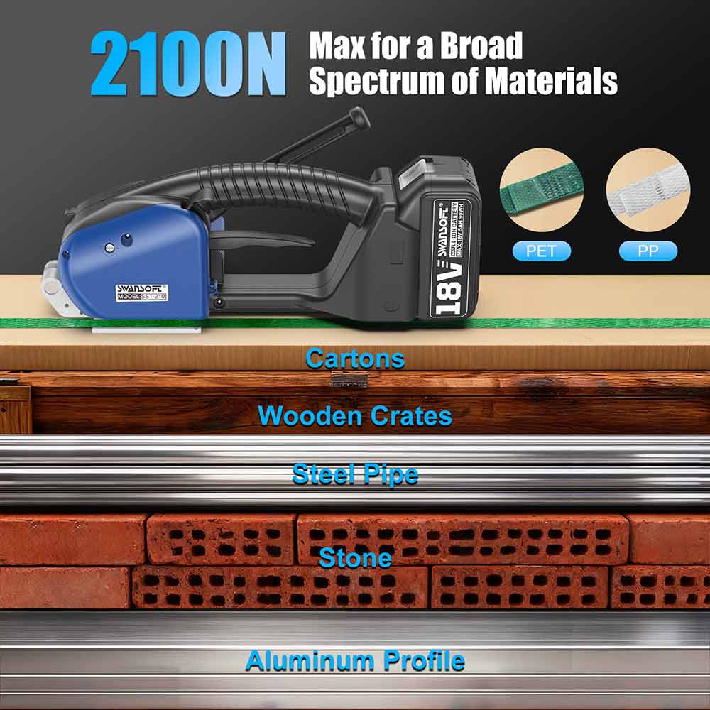 Semi-Automatic Strapping Machine, 2100N Manual Tensioning & Cutting Strapping Tool for 13-16mm PP/PET Straps, Cordless Banding Machine SST-210 - Swansoft Europe