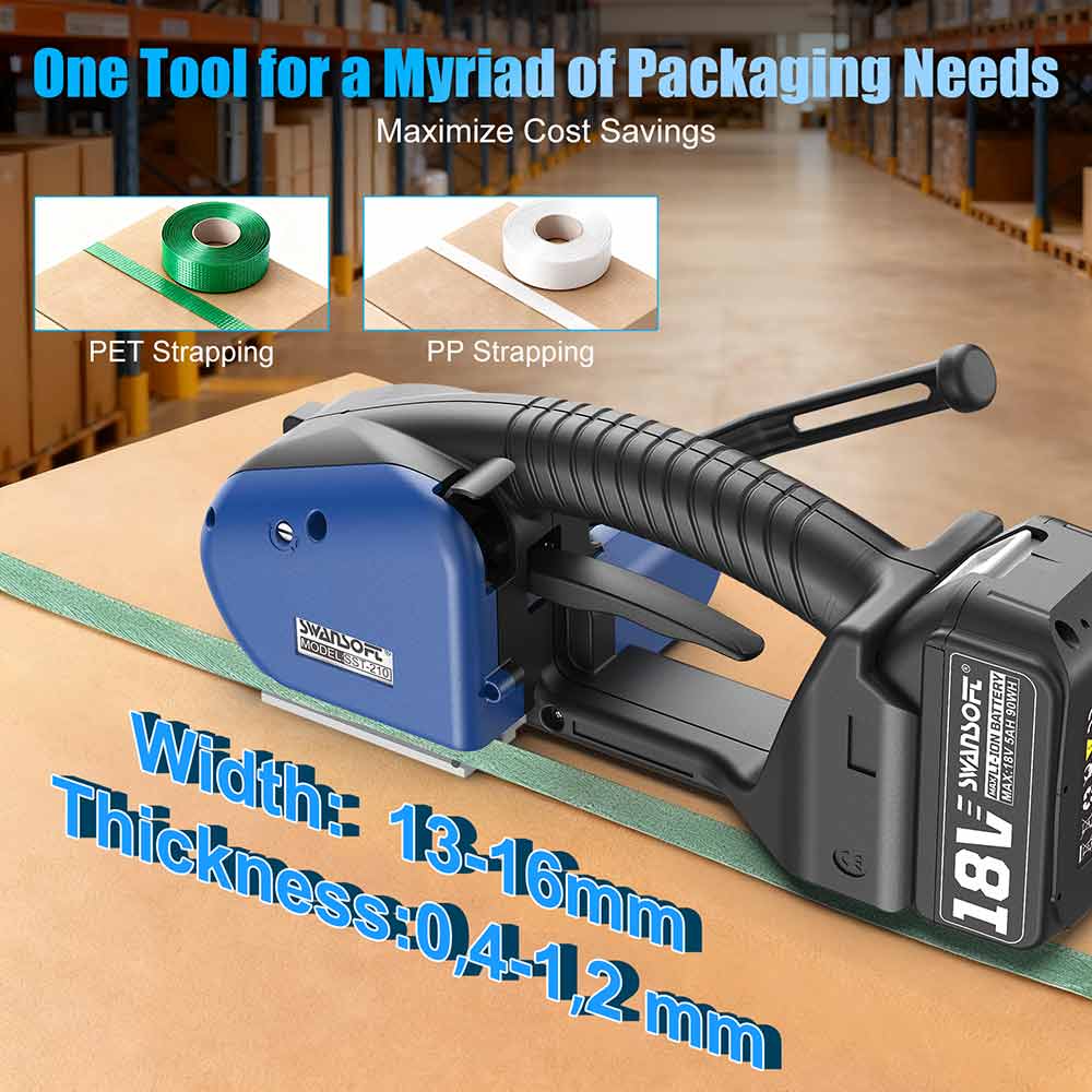 Semi-Automatic Strapping Machine, 2100N Manual Tensioning & Cutting Strapping Tool for 13-16mm PP/PET Straps, Cordless Banding Machine SST-210 - Swansoft Europe