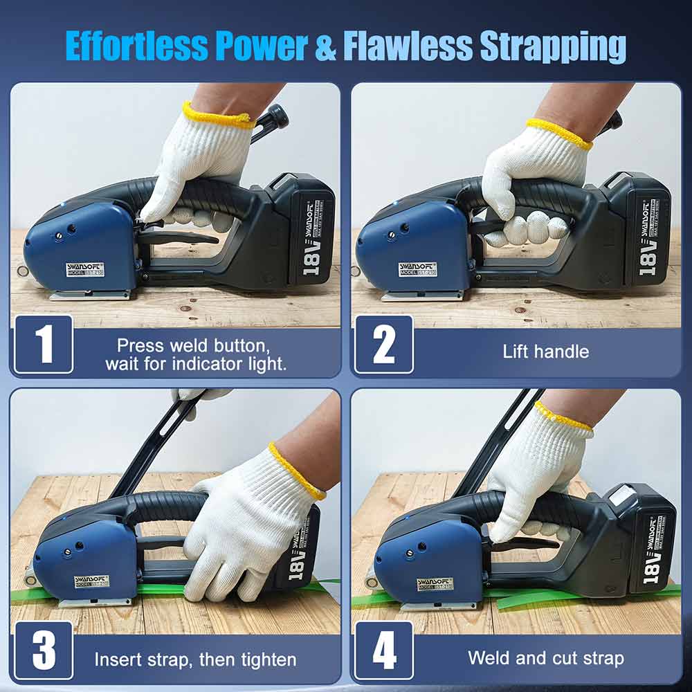 Semi-Automatic Strapping Machine, 2100N Manual Tensioning & Cutting Strapping Tool for 13-16mm PP/PET Straps, Cordless Banding Machine SST-210 - Swansoft Europe